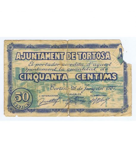 Billete 50 centims Ajuntament de Tortosa 1937