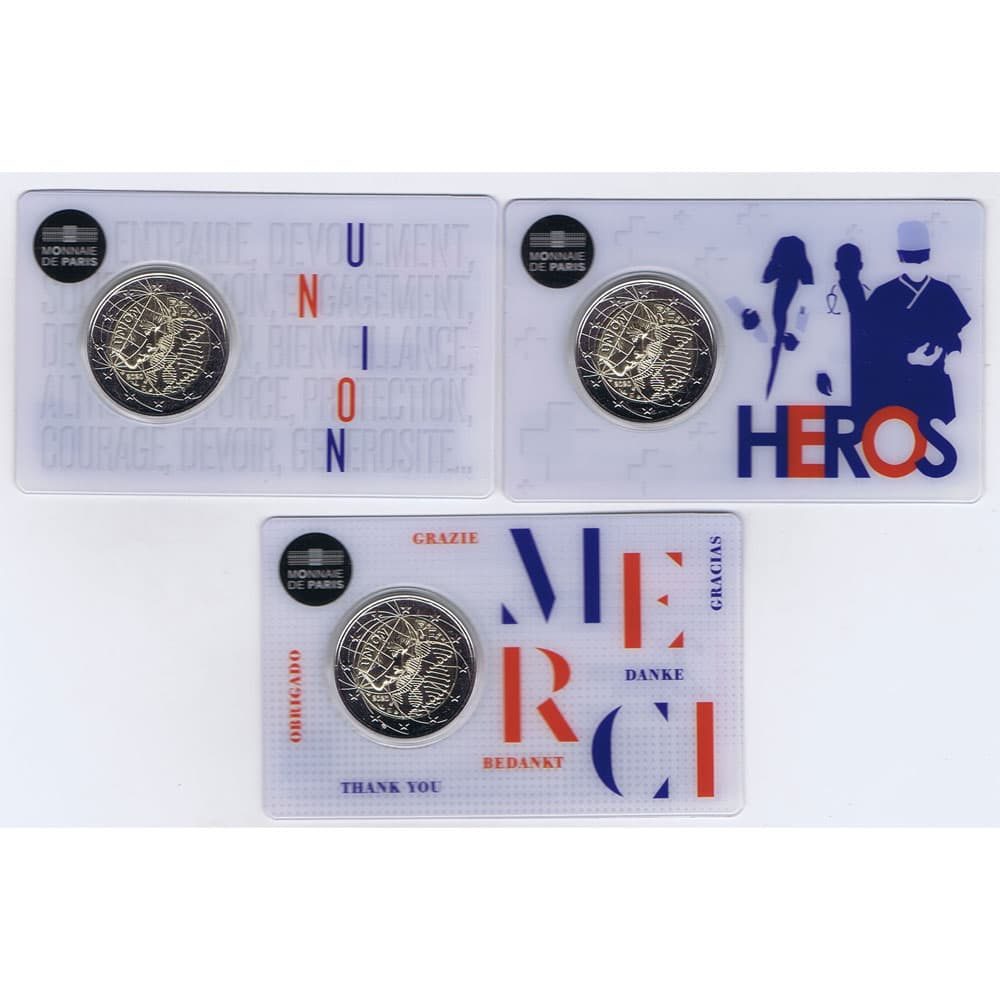 moneda 2 euros Francia 2020 dedicada a la Investigación Médica. 3 coincard.  - 2