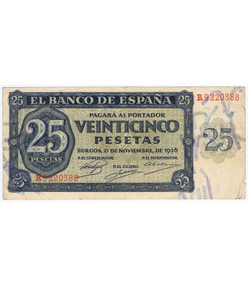 (1936/11/21) Billete Burgos 25 Pesetas serie R9220388. MBC.  - 5