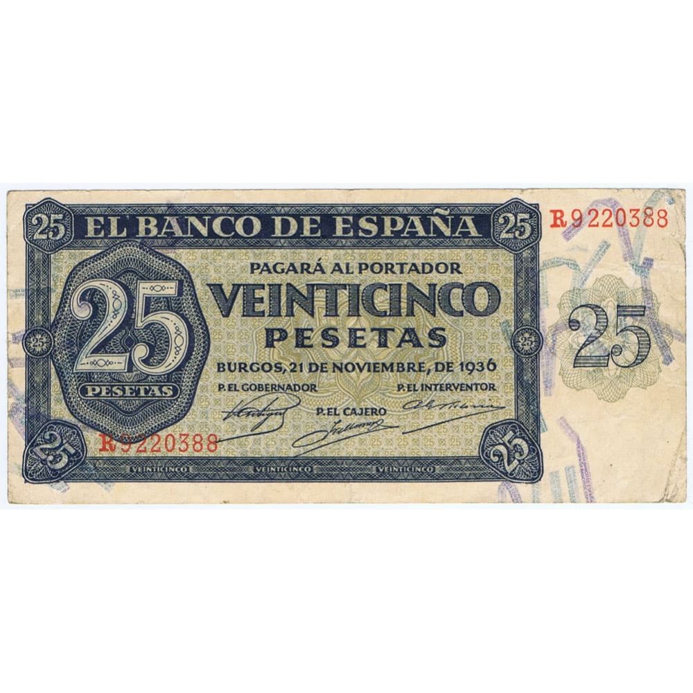 (1936/11/21) Billete Burgos 25 Pesetas serie R9220388. MBC.