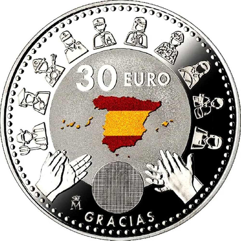 Moneda de España 30 euros 2020 conmemorativa Covid 19. Color