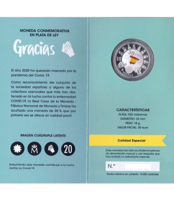 Euroset FNMT moneda 30 Euros 2020 Covid 19. Color