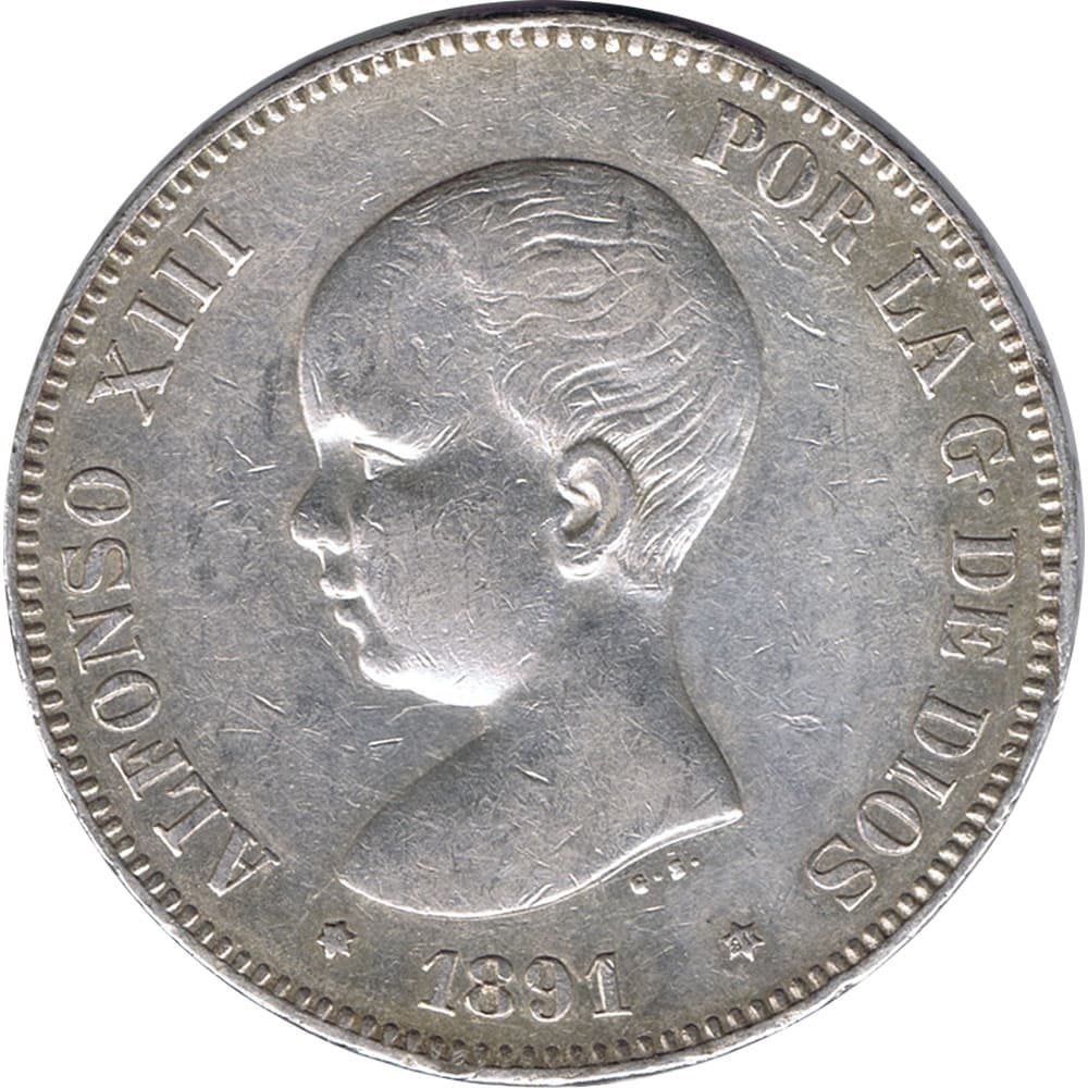 Moneda de España 5 Pesetas de Plata 1891 *91 Alfonso XIII PG M.