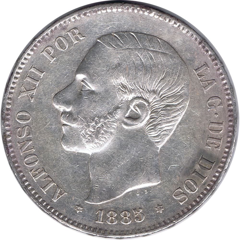 Moneda de España 5 Pesetas de Plata 1885 *87 Alfonso XII MS M.