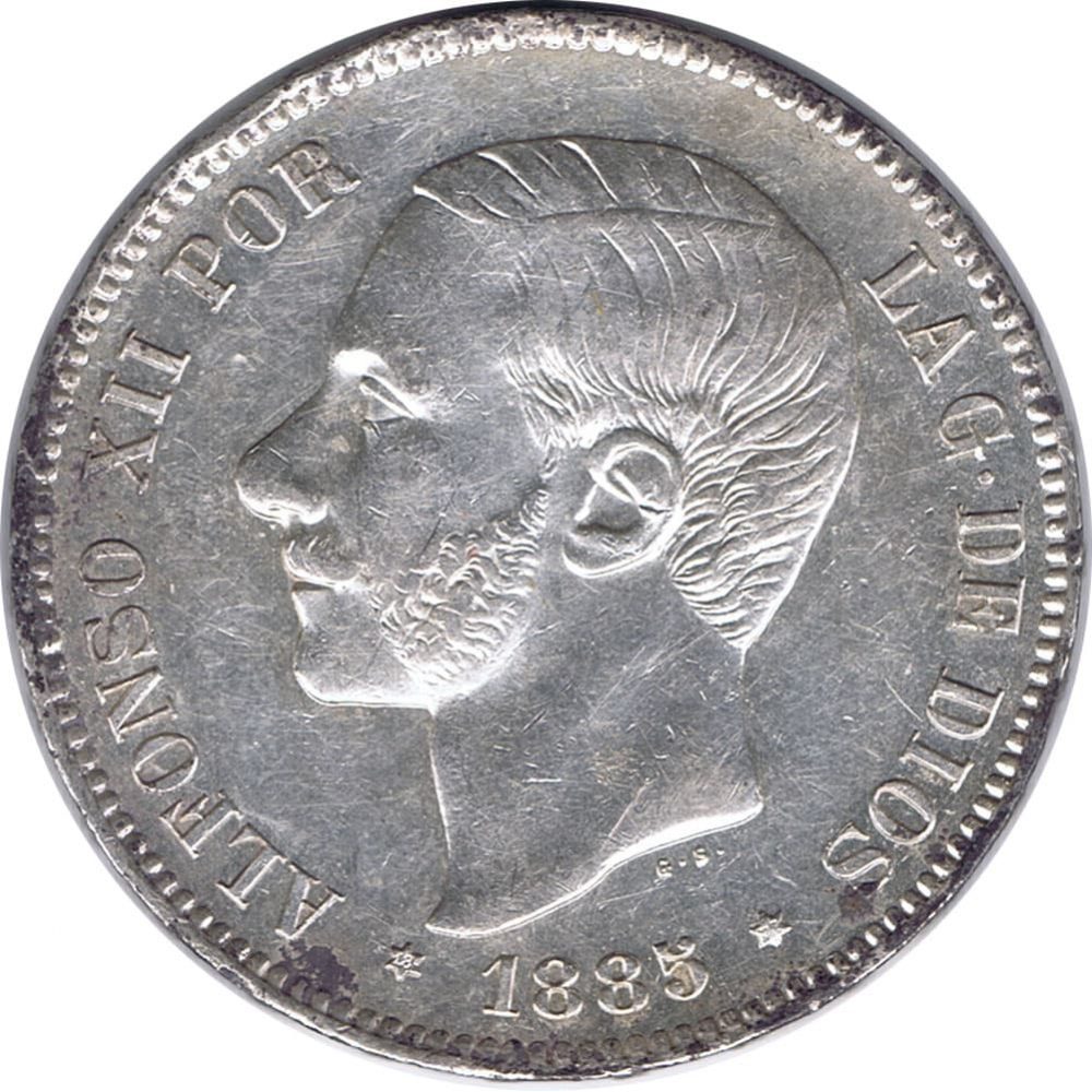 Moneda de España 5 Pesetas de Plata 1885 *87 Alfonso XII MS M. EBC  - 1