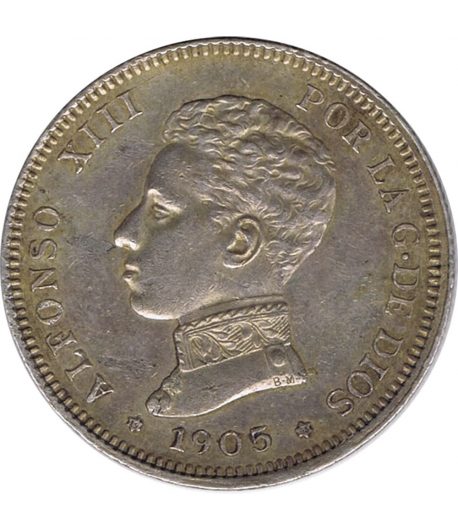 Moneda de España 2 Pesetas de Plata 1905 *05 Alfonso XIII SM V.