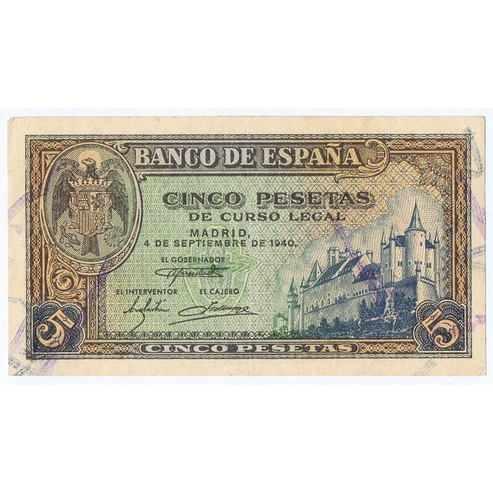 Billete de España (1940/09/04) 5 Pesetas. EBC+. Serie B8774357