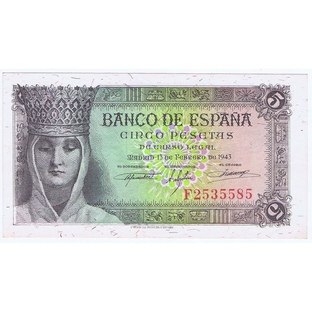 Billete de España (1943/02/13) 5 Pesetas. SC-. Serie F2535585