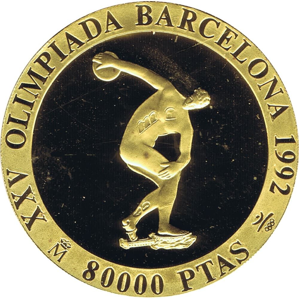 España 80.000 Pesetas de oro Barcelona 92 Discóbolo año 1990 .  - 1