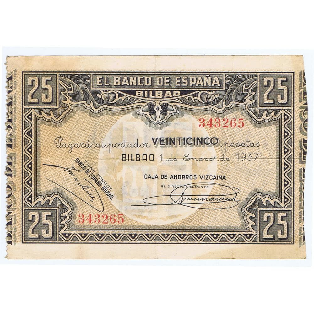 Billete de 25 Pesetas Bilbao 1 de enero de 1937 serie 343265  - 1