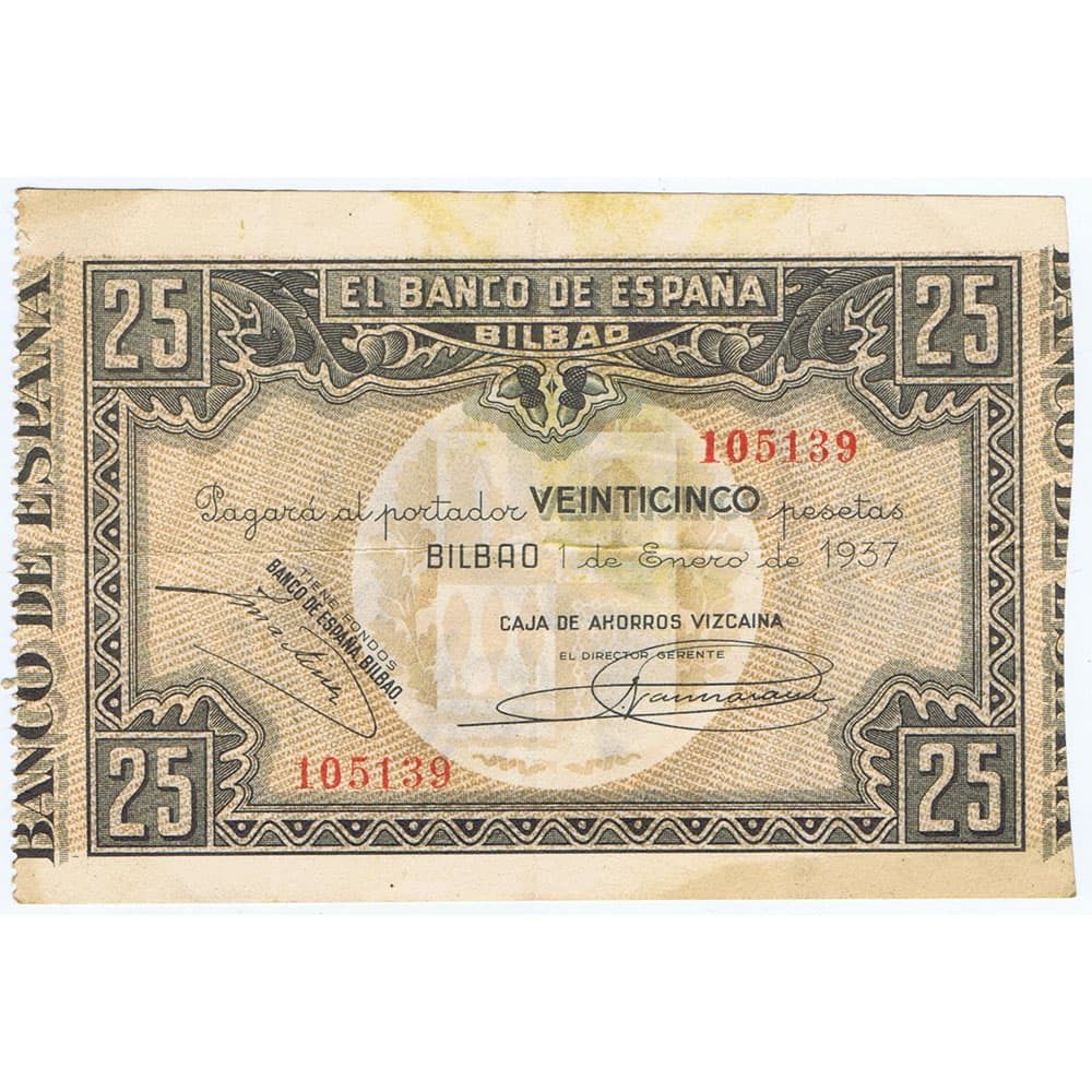 Billete de 25 Pesetas Bilbao 1 de enero de 1937 serie 105139