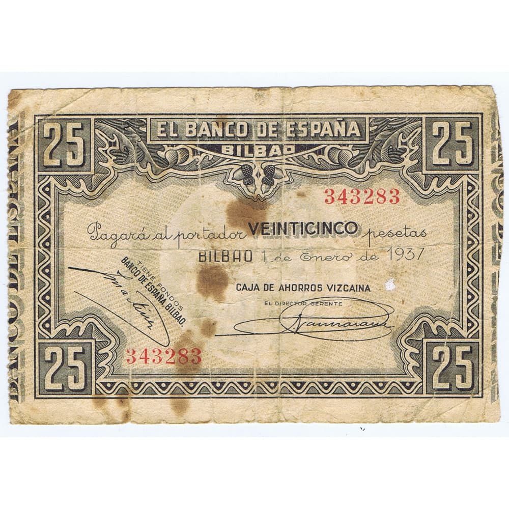 Billete de 25 Pesetas Bilbao 1 de enero de 1937 serie 343283