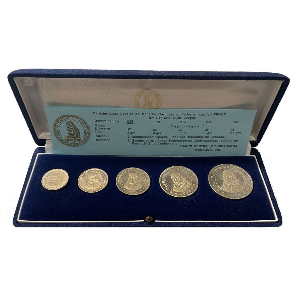 Estuche con 5 monedas de Nicaragua año 1972.