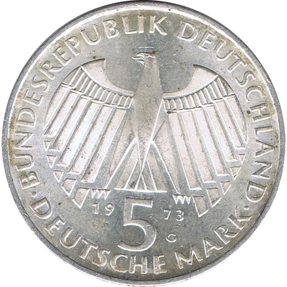 Moneda de Alemania 5 mark año 1973 de plata  - 2