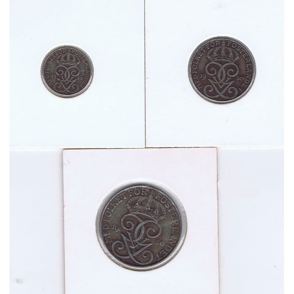 Monedas de 1, 3 y 5 Ore de Suecia del año 1950  - 1