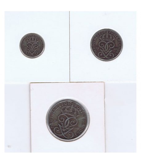 Monedas de 1, 3 y 5 Ore de Suecia del año 1950