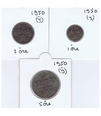 Monedas de 1, 3 y 5 Ore de Suecia del año 1950