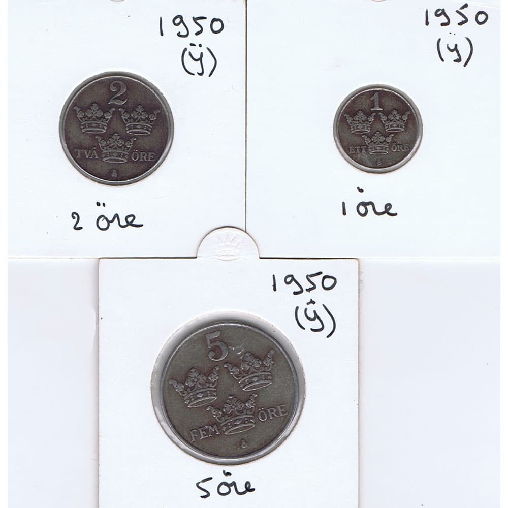 Monedas de 1, 3 y 5 Ore de Suecia del año 1950  - 2