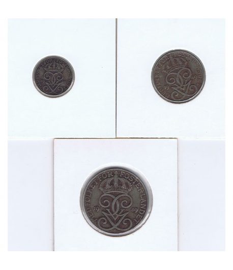 Monedas de 1, 3 y 5 Ore de Suecia del año 1949