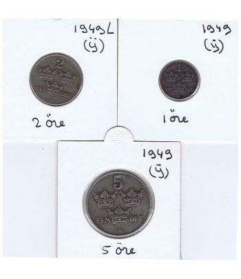 Monedas de 1, 3 y 5 Ore de Suecia del año 1949