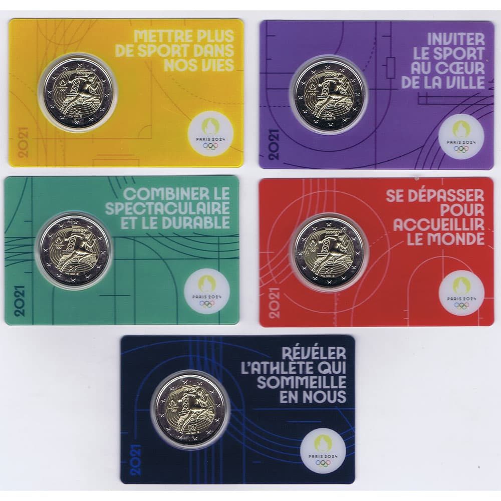 moneda 2 euros Francia 2021 dedicada a Olimpiada 2024. 5 coincards.  - 1