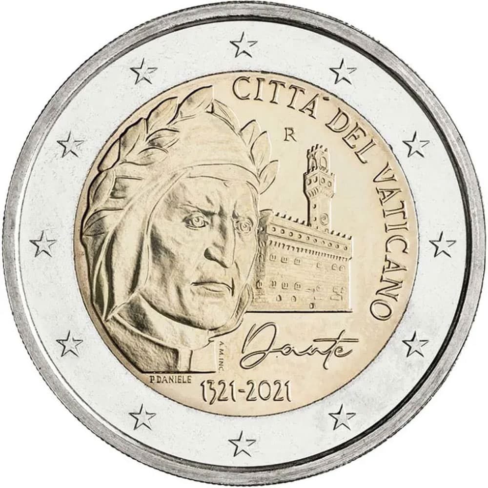 moneda de Vaticano 2 euros 2021 dedicada a Dante.