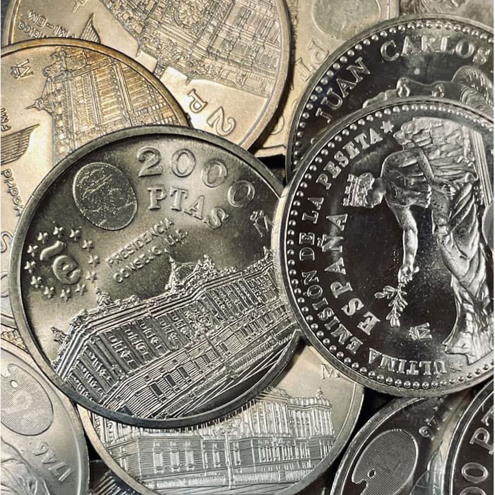 Monedas de 2000 pesetas de plata de España en lote de 10