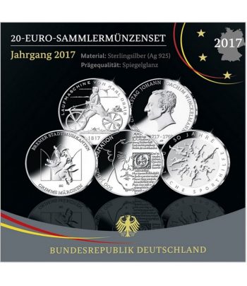 Estuche 20 Euros Plata Alemania año 2017. 5 monedas Proof.