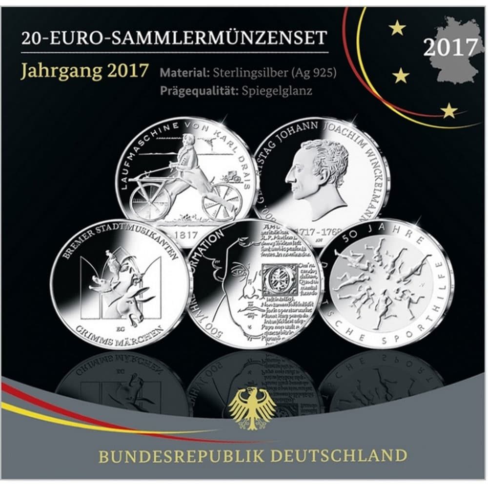 Estuche 20 Euros Plata Alemania año 2017. 5 monedas Proof.