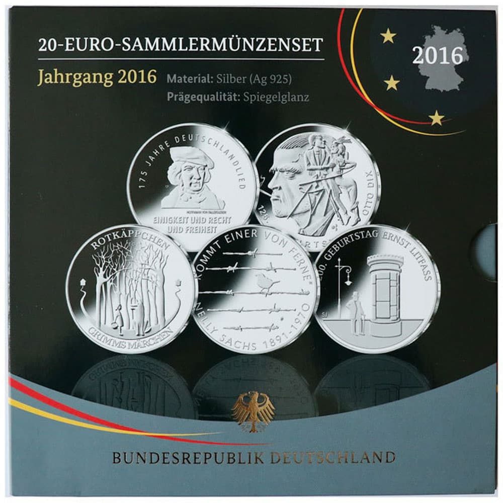 Estuche 20 Euros Plata Alemania año 2016. 5 monedas Proof.