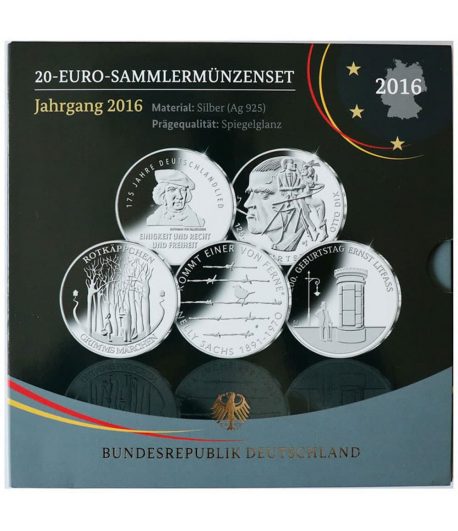 Estuche 20 Euros Plata Alemania año 2016. 5 monedas Proof.