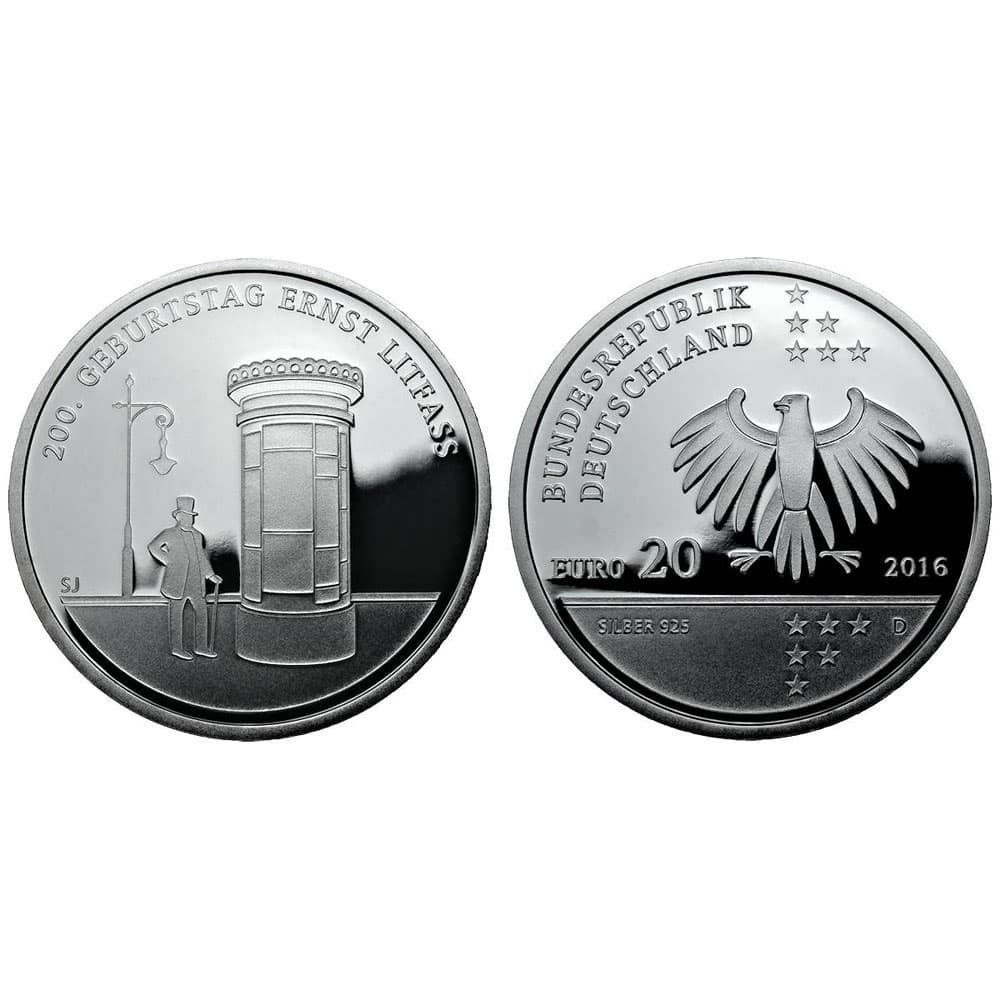 Estuche 20 Euros Plata Alemania año 2016. 5 monedas Proof.  - 4