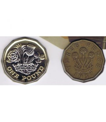 Monedas de Gran Bretaña Three Pence 1937 y 1 Pound 2017  - 1