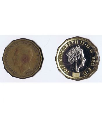 Monedas de Gran Bretaña Three Pence 1937 y 1 Pound 2017  - 2