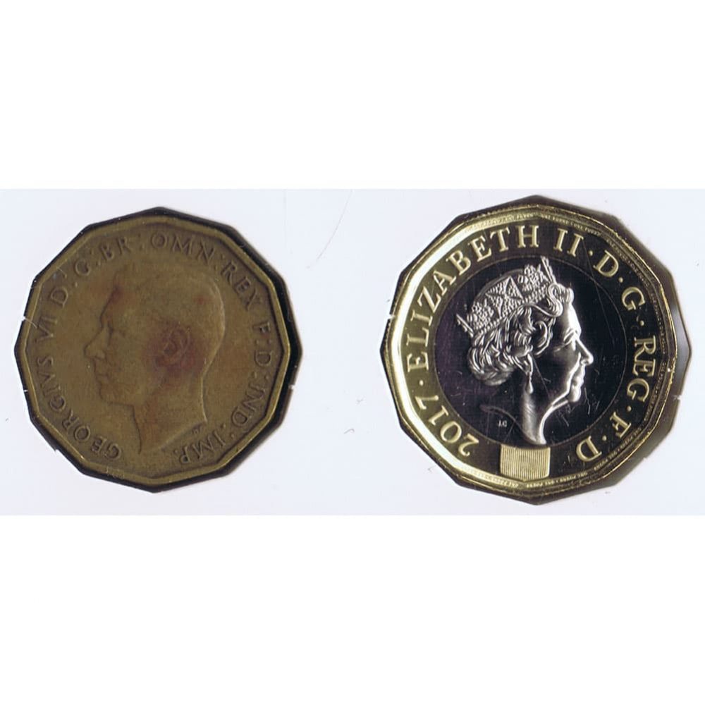 Monedas de Gran Bretaña Three Pence 1937 y 1 Pound 2017  - 2