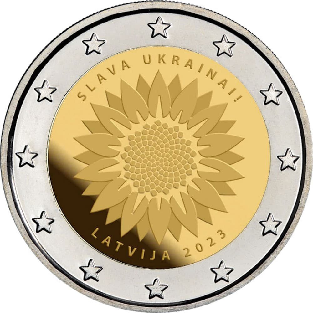 moneda 2 euros Letonia 2023 Girasol. Junto con Ucrania  - 1
