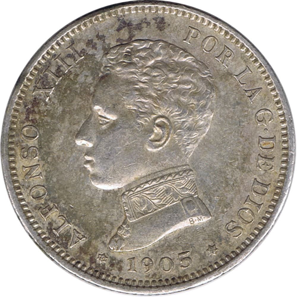 Moneda de España 2 Pesetas de Plata 1905 Alfonso XIII SM V.  - 1