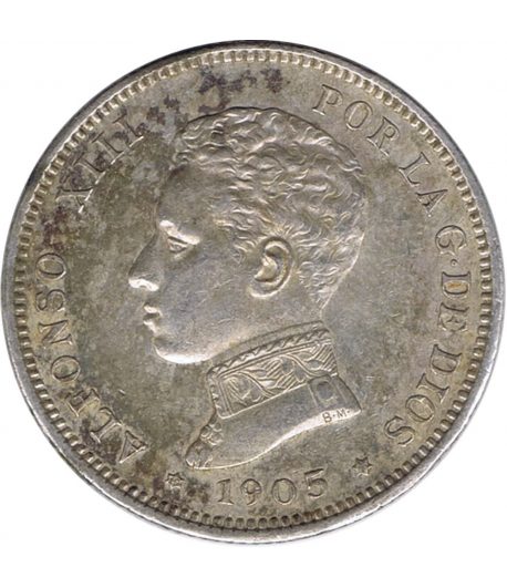 Moneda de España 2 Pesetas de Plata 1905 Alfonso XIII SM V.  - 1