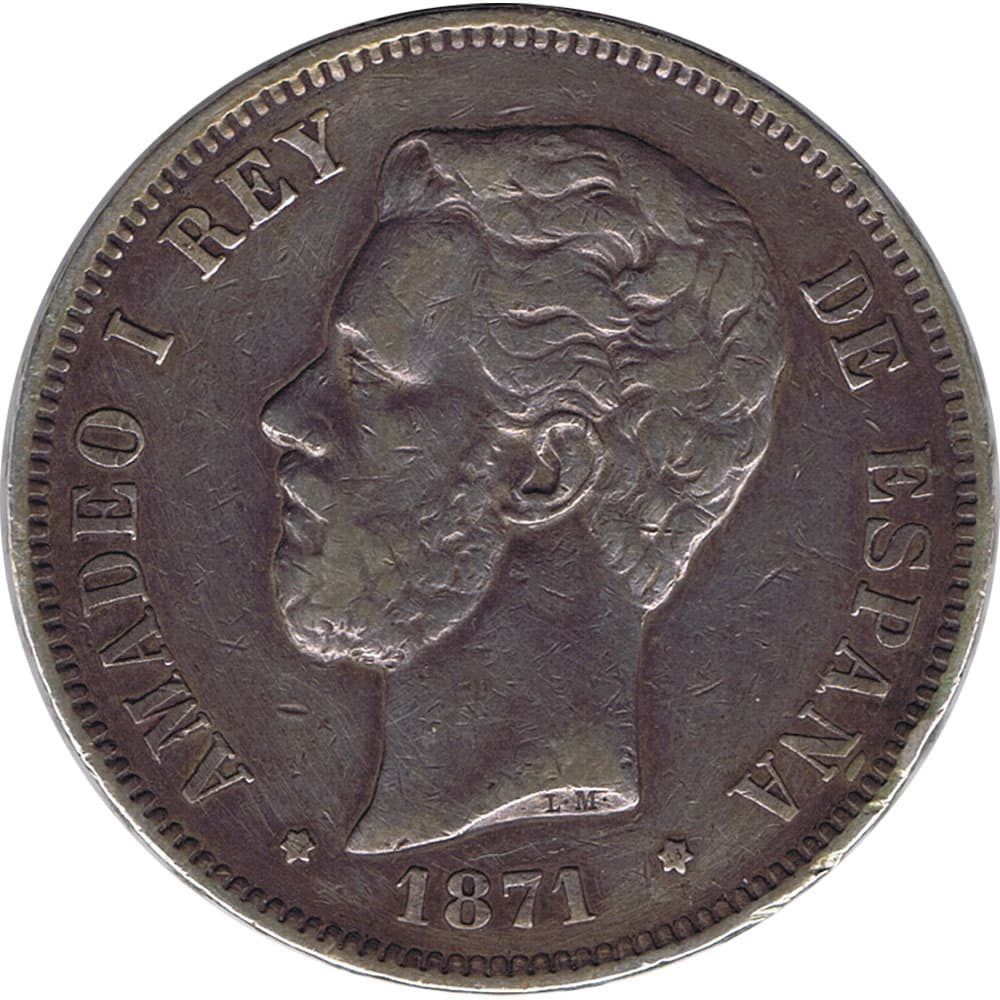 Moneda de España 5 Pesetas de Plata 1871 *18 Amadeo I SD M  - 1