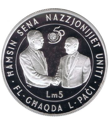 Moneda 5 Liras Malta 50 Años ONU 1995. Plata  - 1