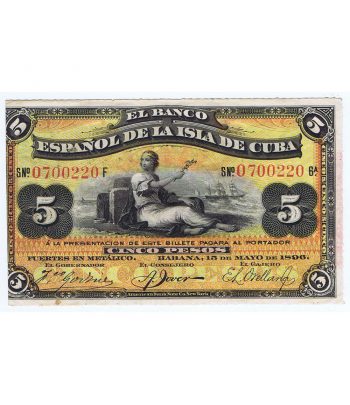 Billete Cuba 5 Pesos 1896 Banco Español Isla de Cuba. SC.  - 1