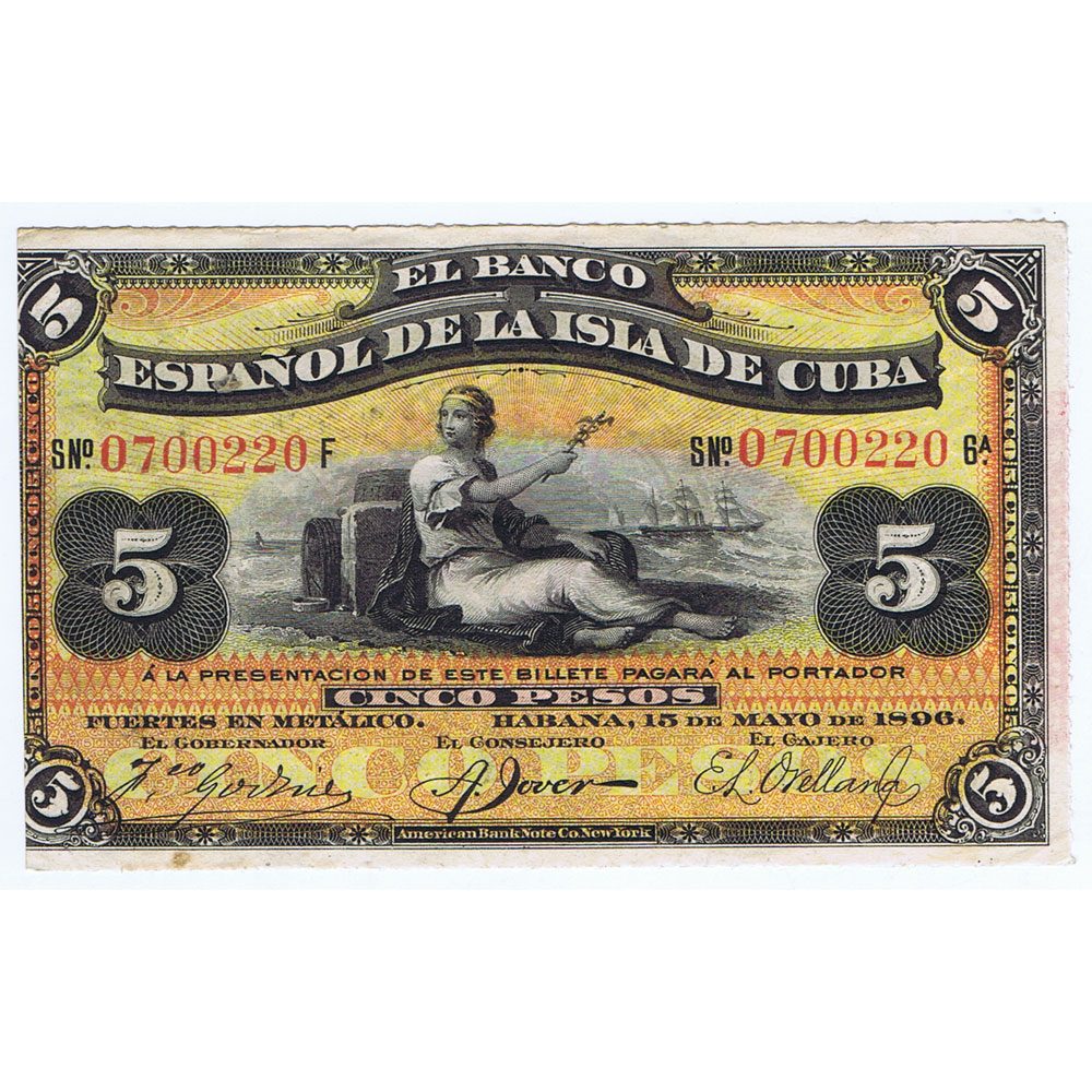 Billete Cuba 5 Pesos 1896 Banco Español Isla de Cuba. SC.  - 1
