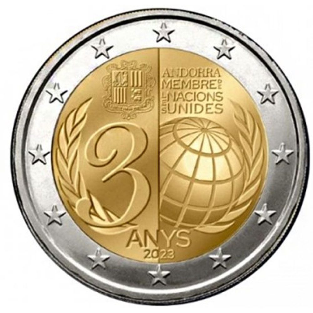 moneda de Andorra 2 euros 2023 30 Anys ingrés Nacions Unides  - 1