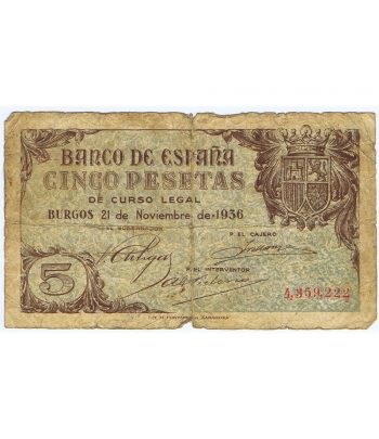 (1936/11/21) Billete Burgos 5 Pesetas serie 4359222. BC.  - 1