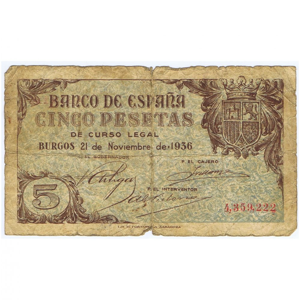 (1936/11/21) Billete Burgos 5 Pesetas serie 4359222. BC.  - 1