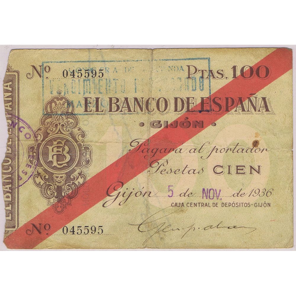 Billete Banco de España. Gijón. 100 Pesetas 1936 .  - 1