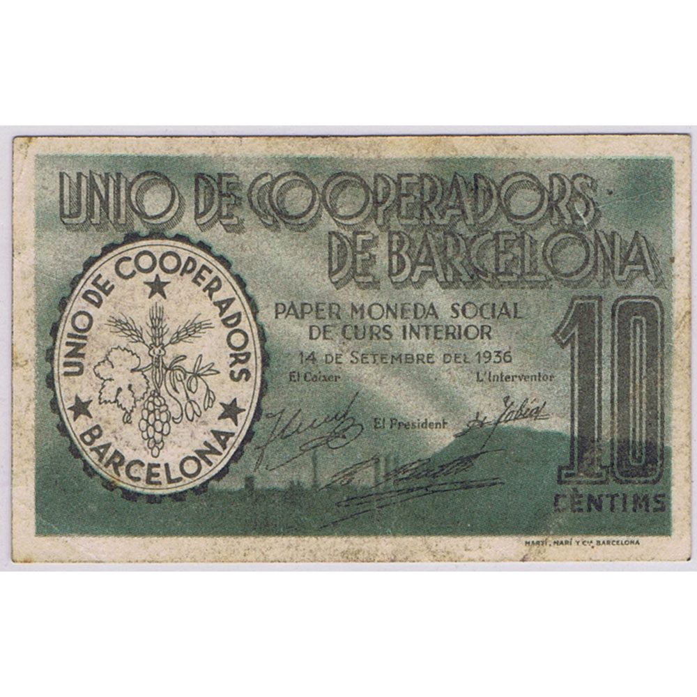 Billete 10 Céntims Unió de Cooperadors Barcelona1936. EBC  - 1