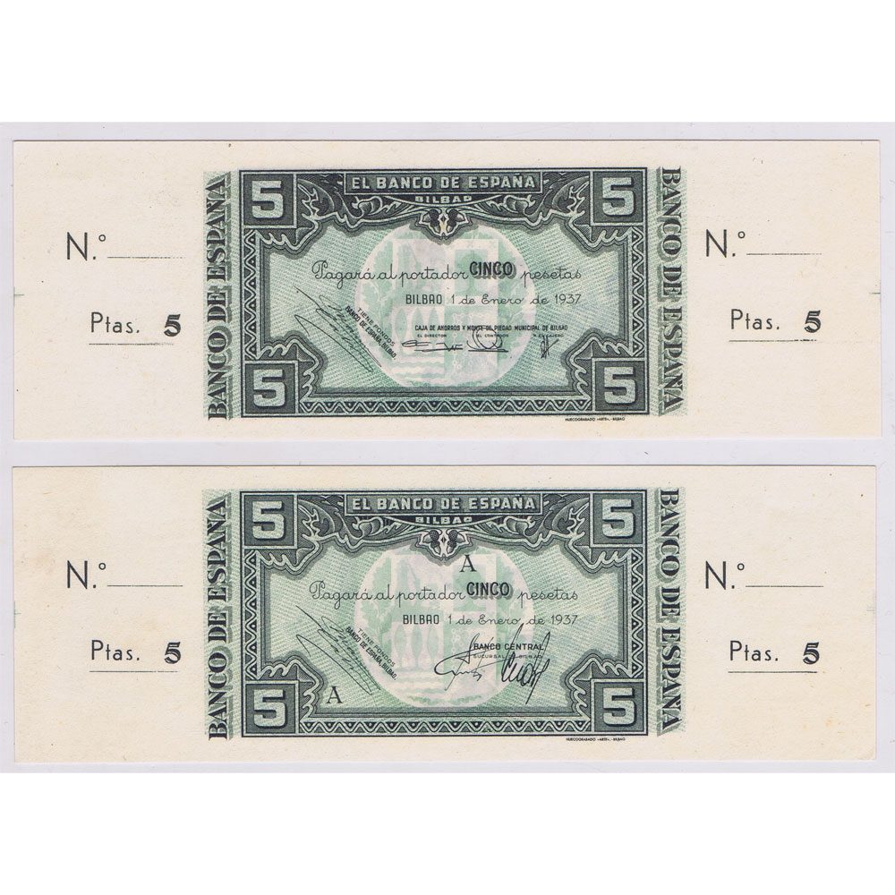 Billetes de 5 Pesetas Bilbao 1 de enero de 1937. Matriz. SC  - 1