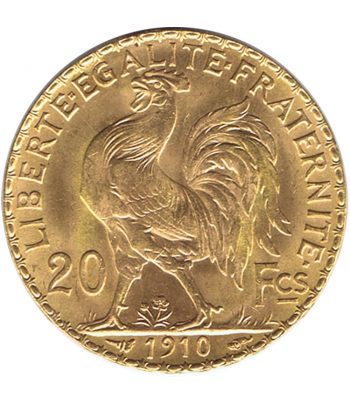Moneda de oro Francia Gallo 20 francos 1910.  - 1