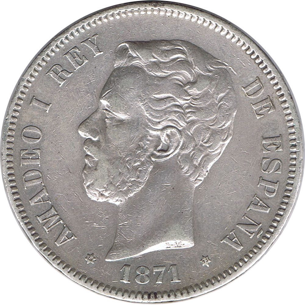 Moneda de España 5 Pesetas de Plata 1871 *73 Amadeo I SDM. Retocada  - 1